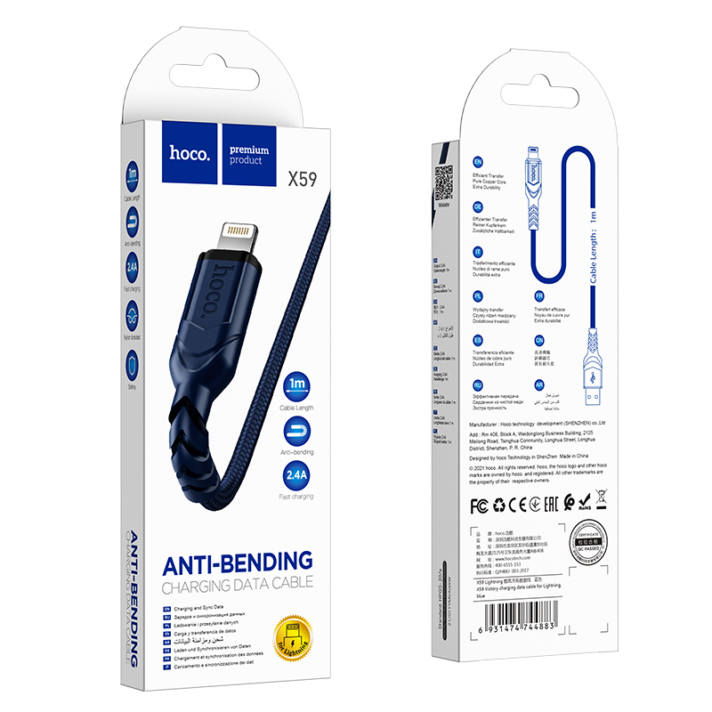 Кабель Hoco x59 Anti-bending USB- Apple Lightning 1м, Синий