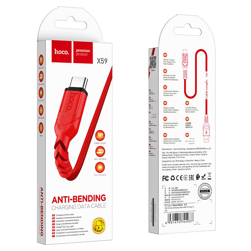Кабель Hoco x59 Anti-bending USB-Type-C 1м, Красный