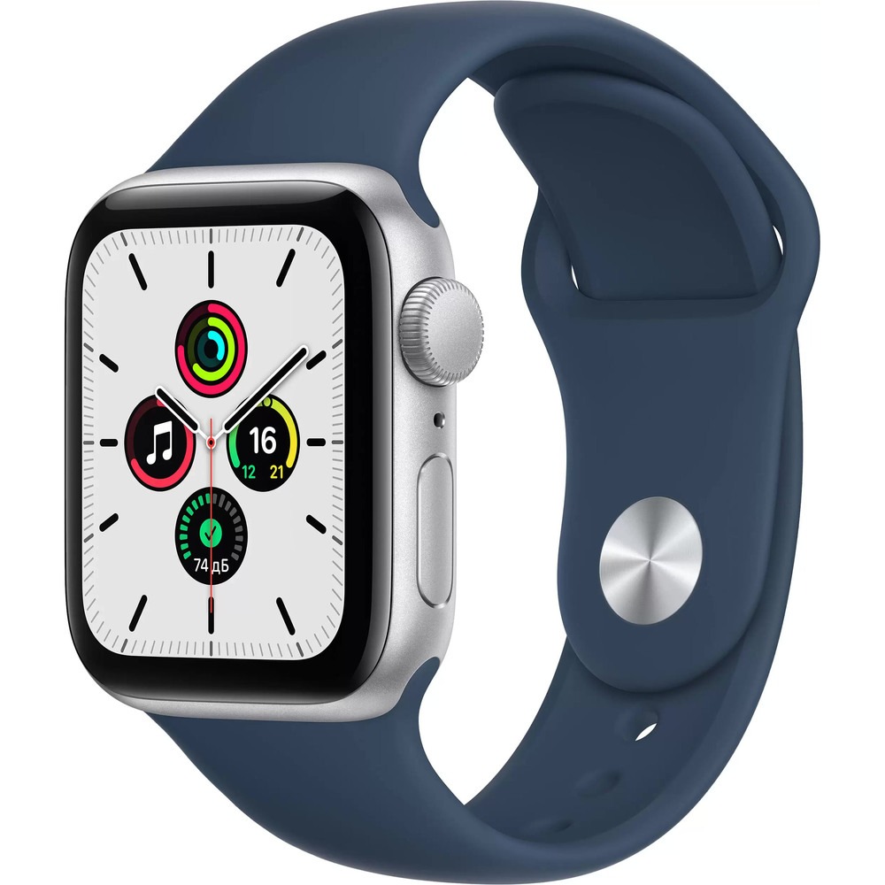 Apple Watch SE, 44 мм, корпус из алюминия серебристого цвета спортивный ремешок цвета синий омут