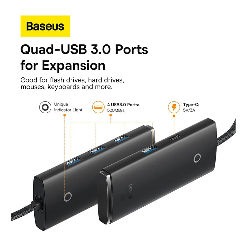 Hub Baseus Lite Series 4-Port Type-C HUB Adapter (Type-C to USB 3.0x4) 25 см BS-OH015 Черный