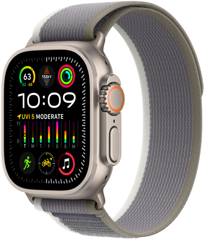 Apple Watch Ultra 2 49 мм, корпус из титана, ремешок Trail зеленого/серого цвета