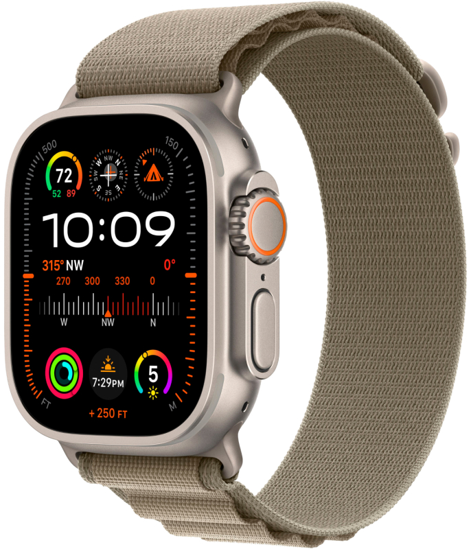 Apple Watch Ultra 2 49 мм, корпус из титана, ремешок Alpine оливкового цвета
